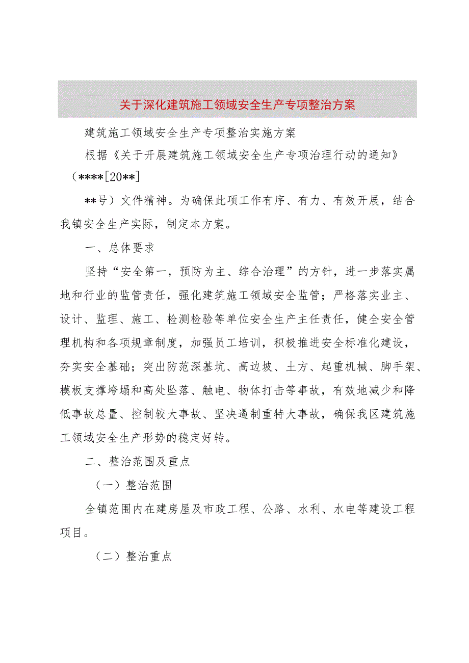 【精品文档】关于深化建筑施工领域安全生产专项整治方案（整理版）.docx_第1页