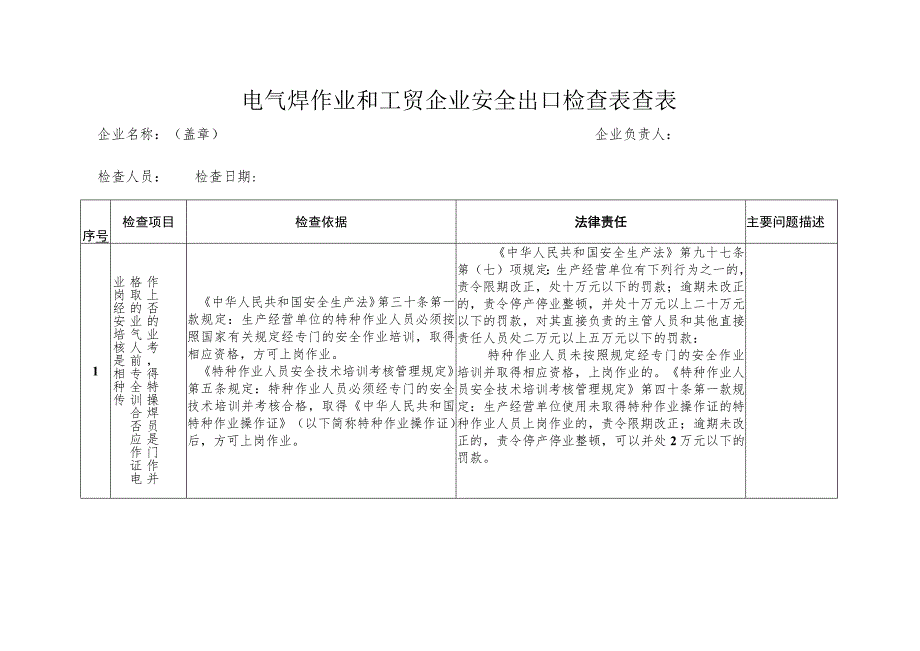 电气焊作业和工贸企业安全出口检查表查表.docx_第1页