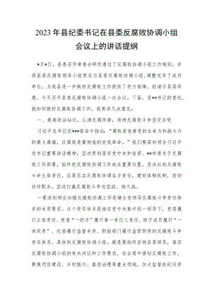 2023年县纪委书记在县委反腐败协调小组会议上的讲话提纲.docx
