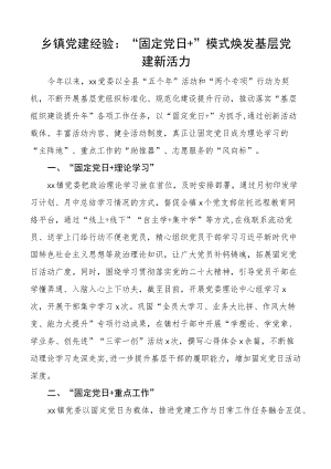 乡镇基层党建工作经验材料固定党日主题党日活动.docx