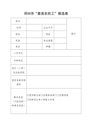邓州市“最美农民工”推选表.docx