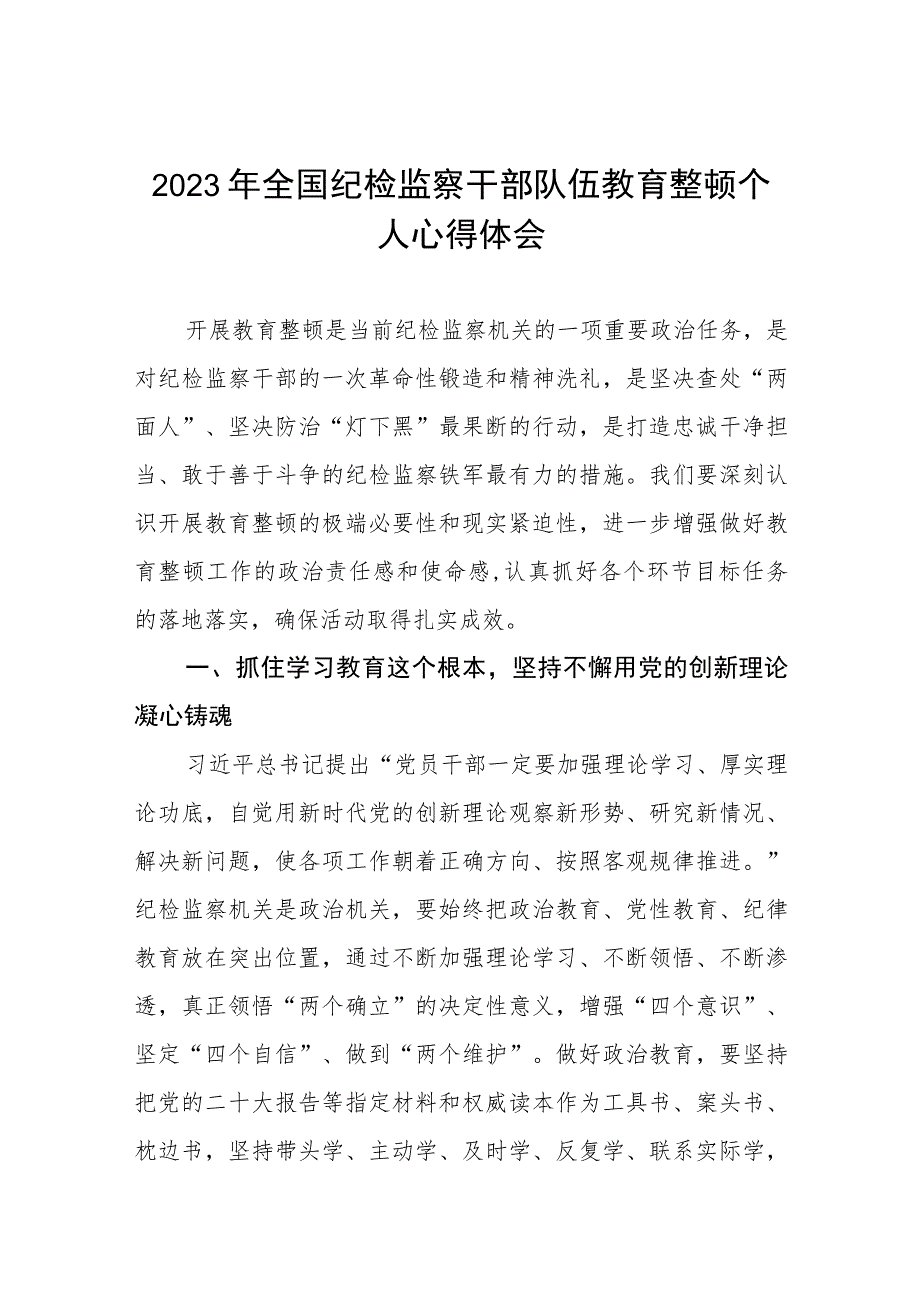 2023纪检监察干部队伍教育整顿心得体会模板七篇.docx_第1页