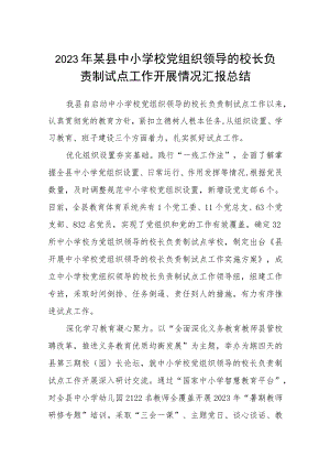 2023年某县中小学校党组织领导的校长负责制试点工作开展情况汇报总结八篇(最新精选).docx