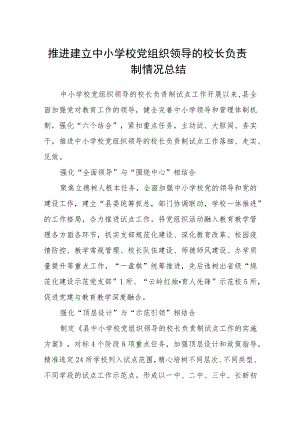 2023推进建立中小学校党组织领导的校长负责制情况总结(精选八篇例文).docx