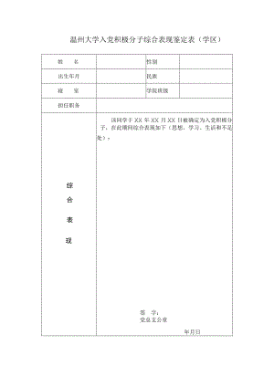 温州大学入党积极分子综合表现鉴定表学区.docx