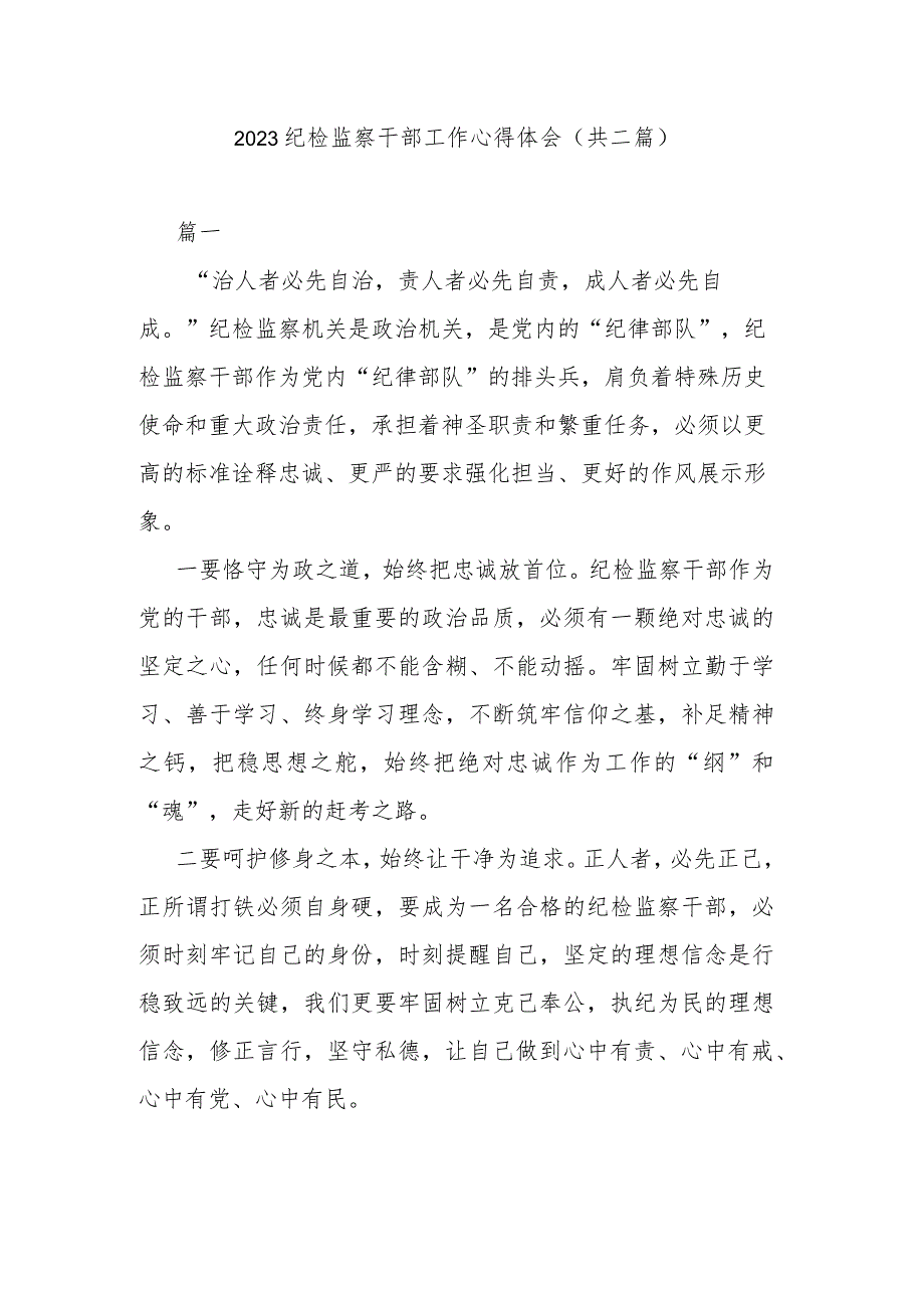 2023纪检监察干部工作心得体会(共二篇).docx_第1页