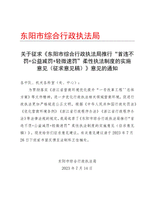 东阳市综合行政执法局推行“首违不罚+公益减罚+轻微速罚”柔性执法制度的实施意见（征求意见稿）.docx