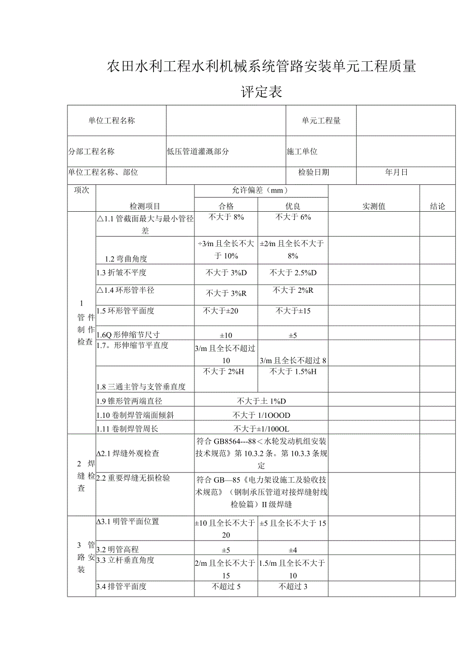 农田水利工程水利机械系统管路安装单元工程质量评定表.docx_第1页