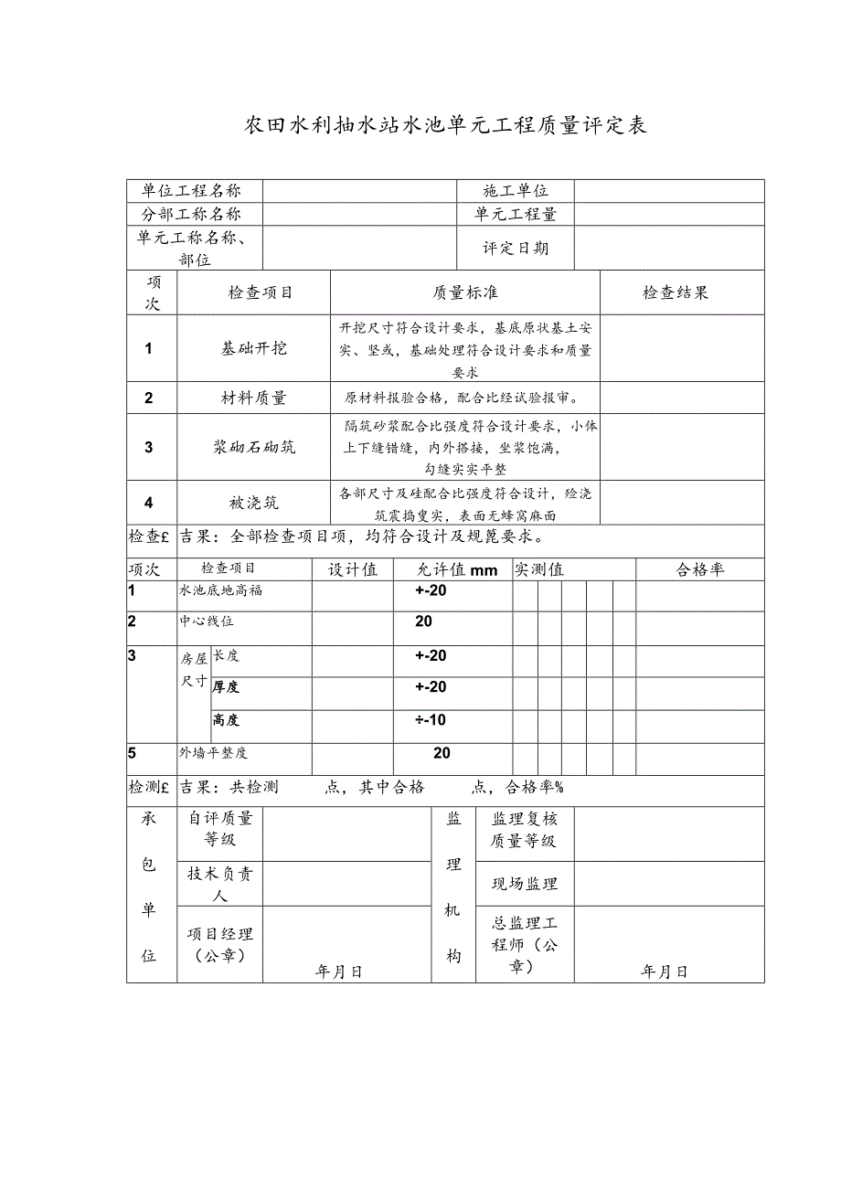 农田水利抽水站水池单元工程质量评定表.docx_第1页