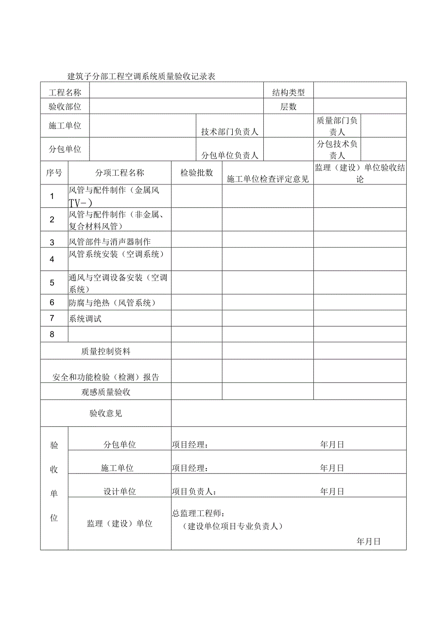 建筑子分部工程空调系统质量验收记录表.docx_第1页