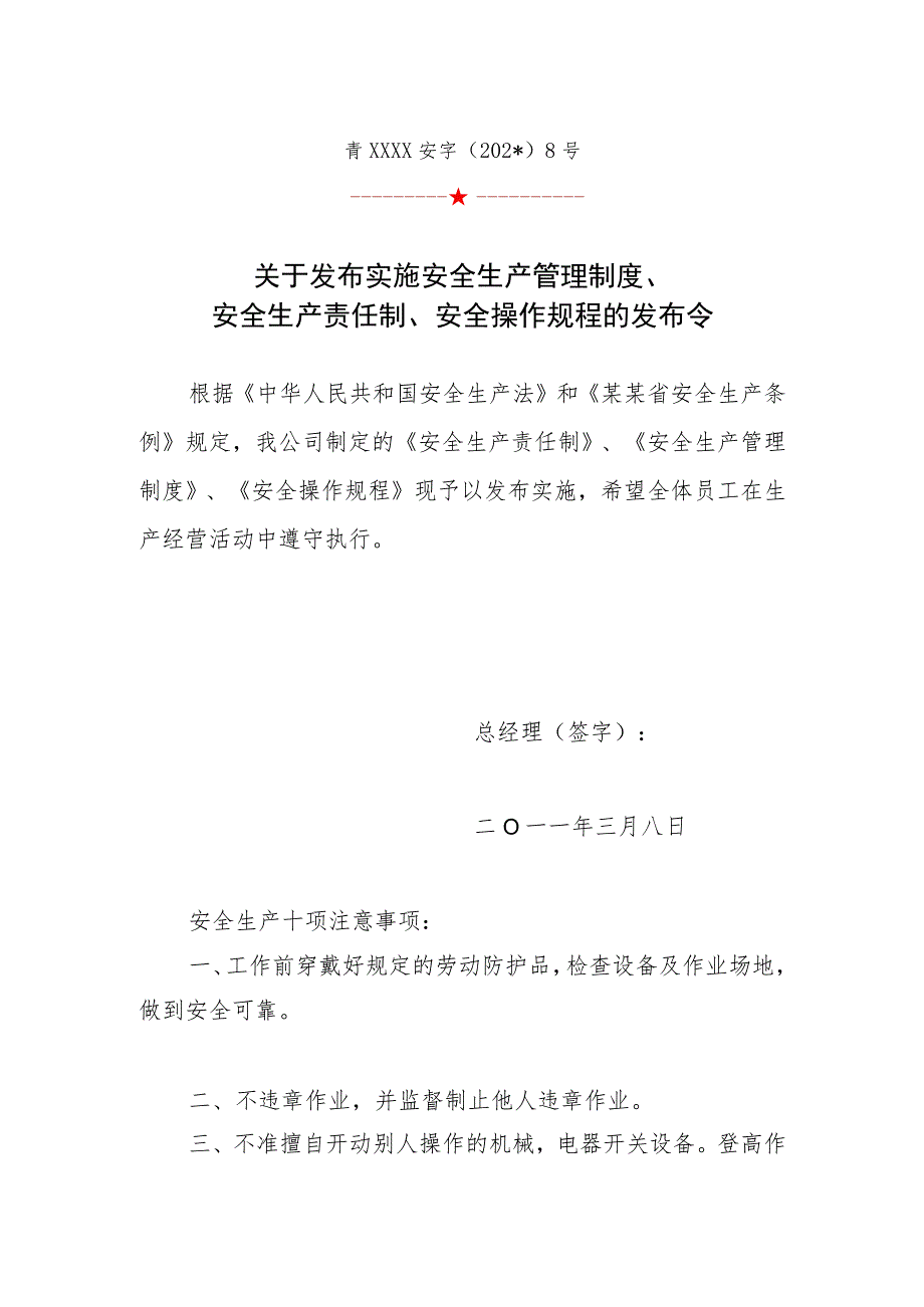 责任制制度操作规程实施发布令.docx_第1页