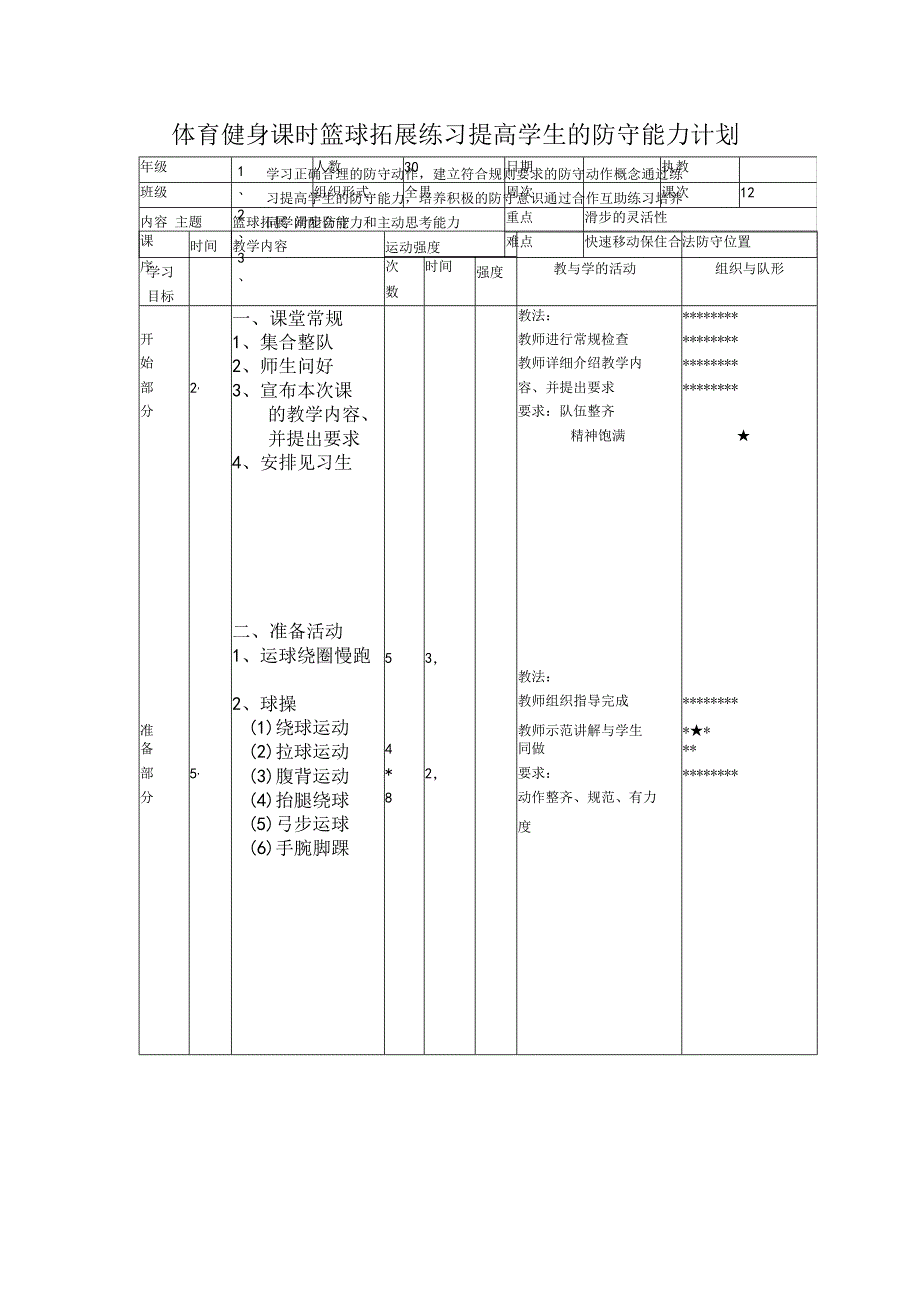 体育健身课时篮球拓展练习提高学生的防守能力计划.docx_第1页