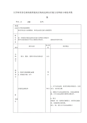 大学体育羽毛球高级班提高后场高远球击打能力及网前小球技术教案.docx