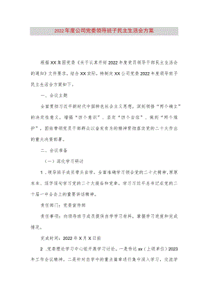 【最新党政公文】度公司党委领导班子民主生活会方案（完整版）.docx