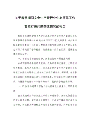 关于春节期间安全生产暨行业生态环保工作督查存在问题整改情况的报告.docx