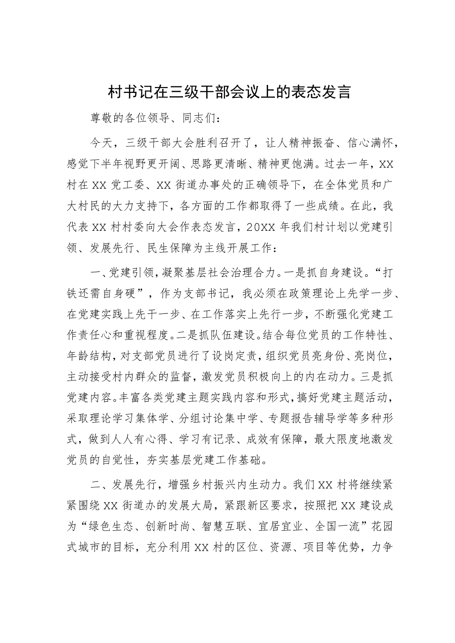 村书记在三级干部会议上的表态发言.docx_第1页