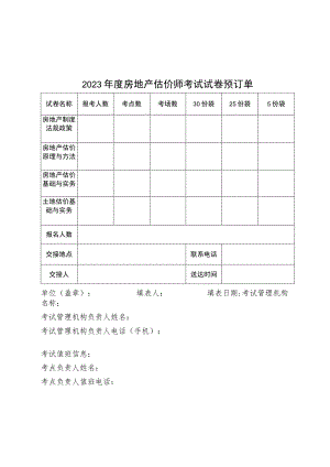 2023年度房地产估价师考试试卷预订单.docx