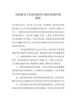 市防指关于启动市防洪Ⅰ级应急响应的通知.docx