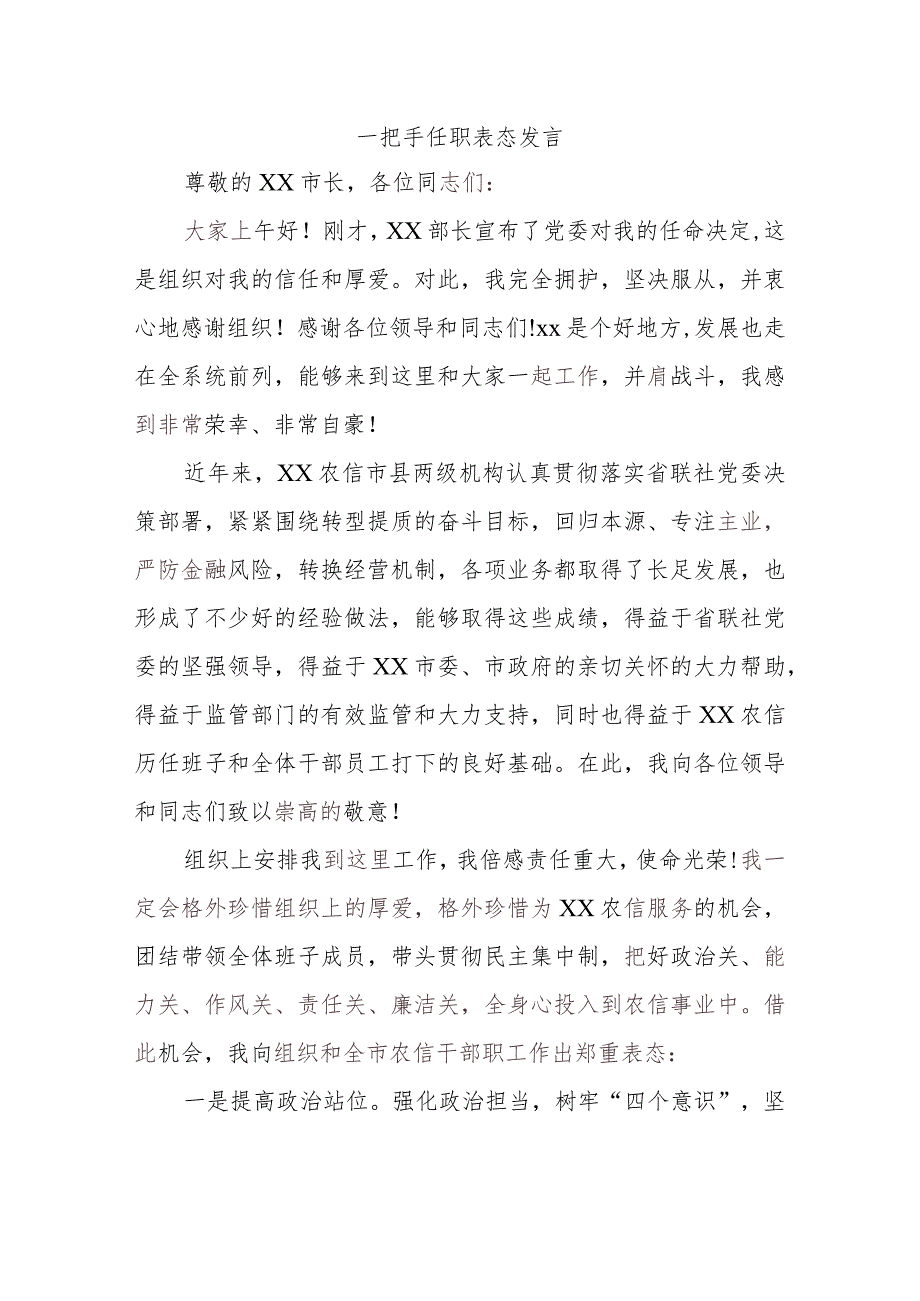 一把手任职表态发言.docx_第1页