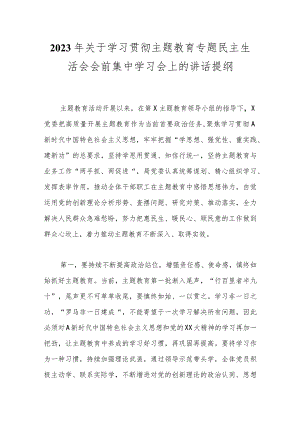 2023年关于学习贯彻主题教育专题民主生活会会前集中学习会上的讲话提纲.docx