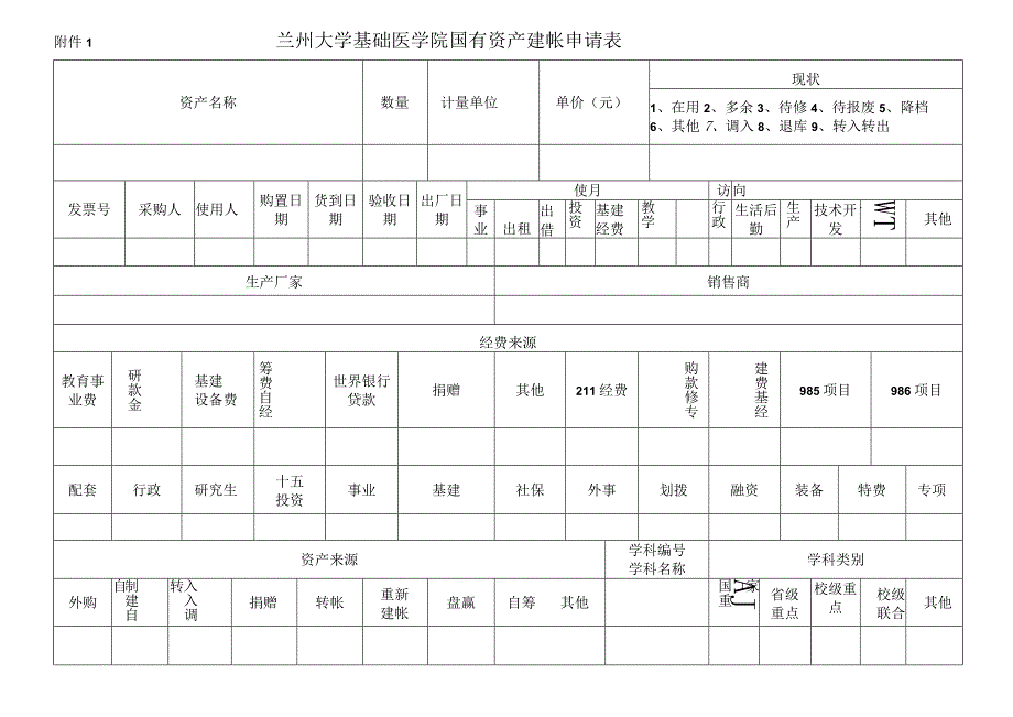 现状兰州大学基础医学院国有资产建帐申请表.docx_第1页
