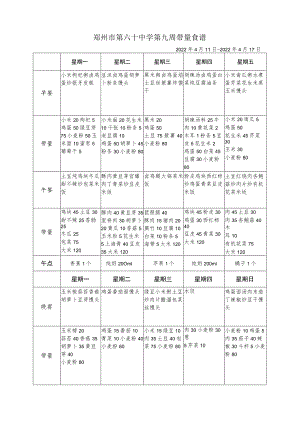 郑州市第六十中学第九周带量食谱2022年4月11日-2022年4月17日.docx