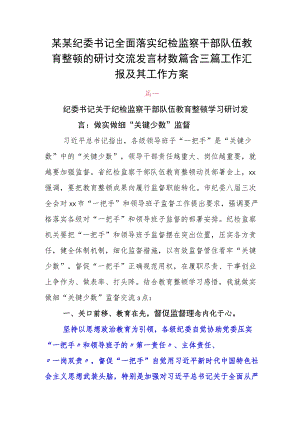 某某纪委书记全面落实纪检监察干部队伍教育整顿的研讨交流发言材数篇含三篇工作汇报及其工作方案.docx