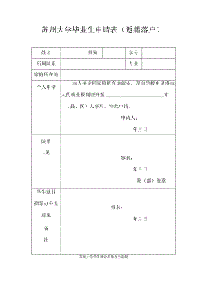 苏州大学毕业生申请表返籍落户.docx