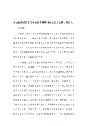 在校党委理论学习中心组专题研讨班上的发言稿2篇范文.docx