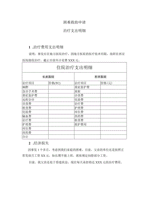 特殊困难申请_治疗费用明细及经济损失.docx