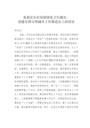 某某区长在巩固国家卫生城市、创建全国文明城市工作推进会上的讲话.docx