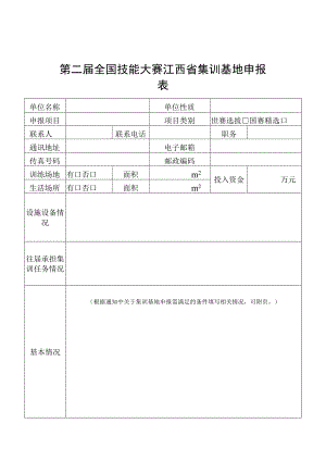 第二届全国技能大赛江西省集训基地申报表、江西省参赛集训工作技术专家（教练）推荐表.docx