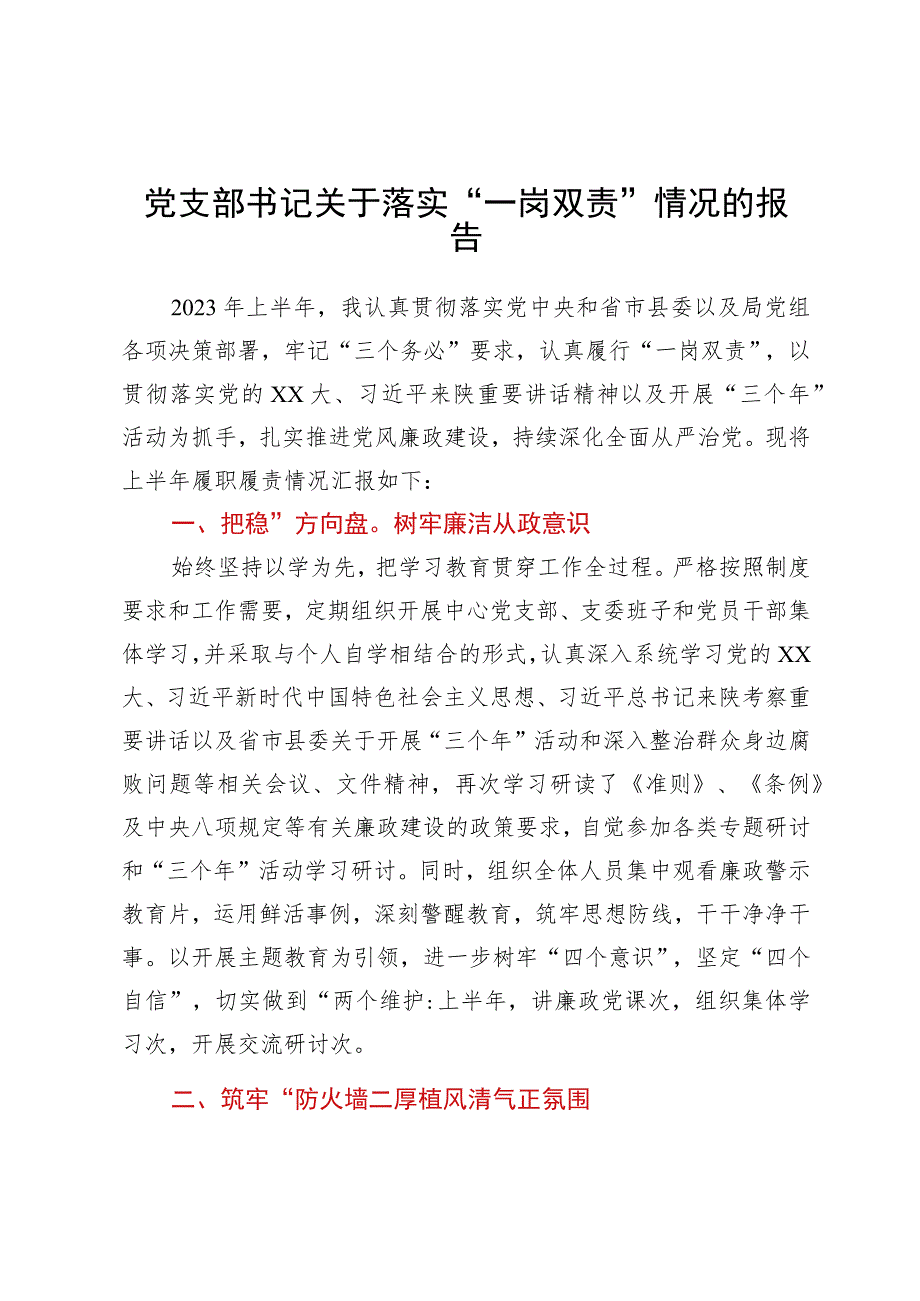 党支部书记关于落实“一岗双责”情况的报告.docx_第1页