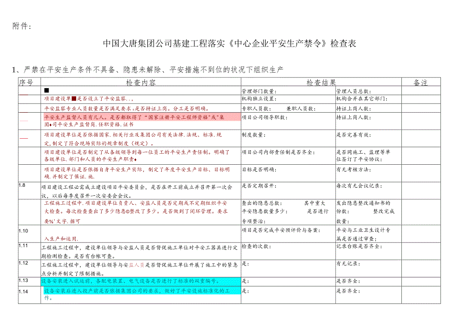 中国大唐集团公司基建工程落实《中央企业安全生产禁令》检查表.docx_第1页