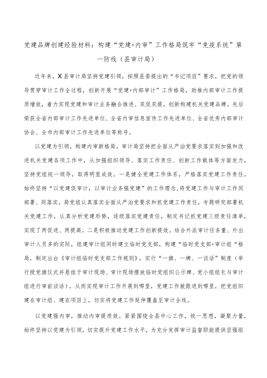 党建品牌创建经验材料构建“党建+内审”工作格局筑牢“免疫系统”第一防线（县审计局）.docx_第1页