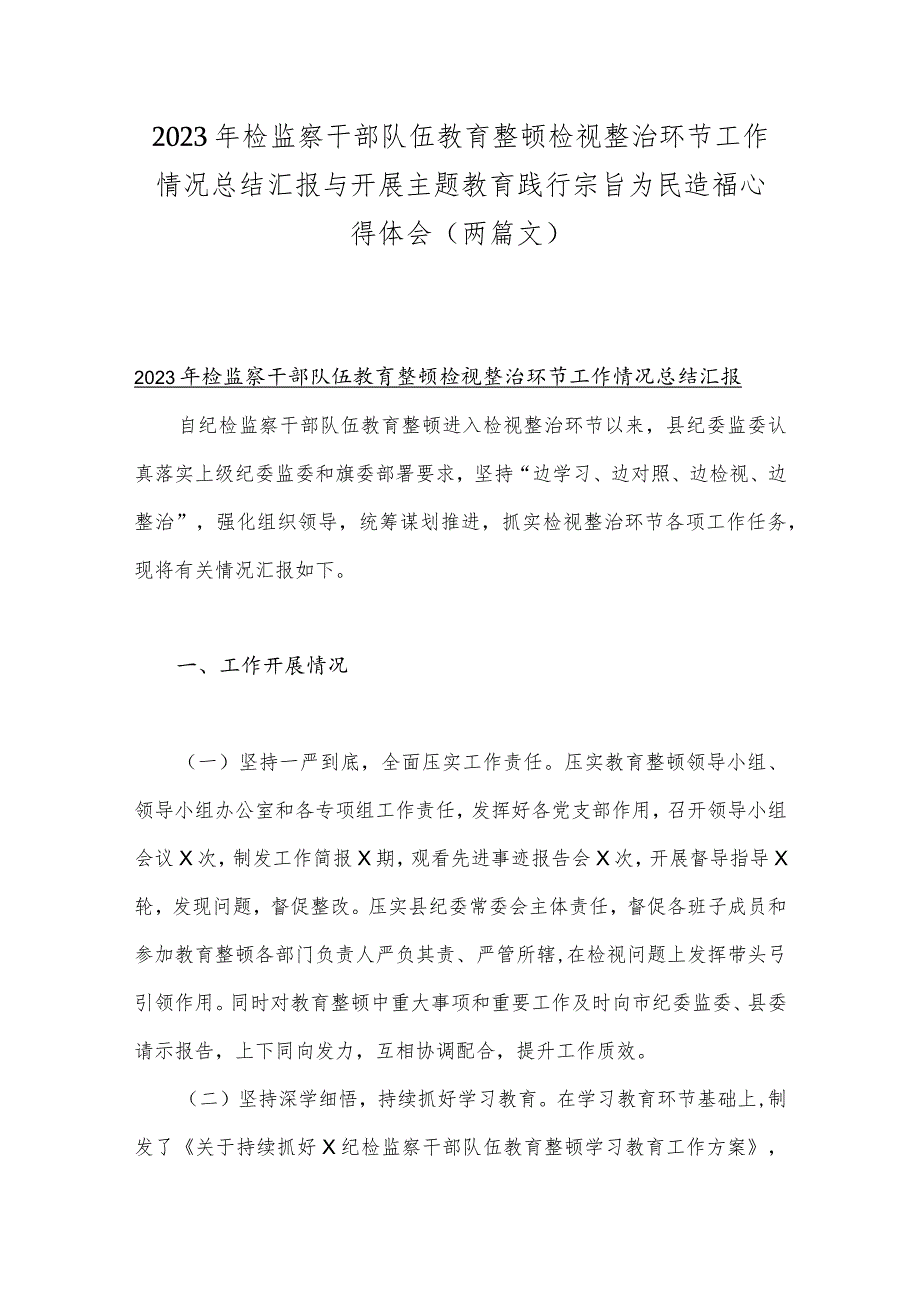 2023年检监察干部队伍教育整顿检视整治环节工作情况总结汇报与开展主题教育践行宗旨为民造福心得体会（两篇文）.docx_第1页