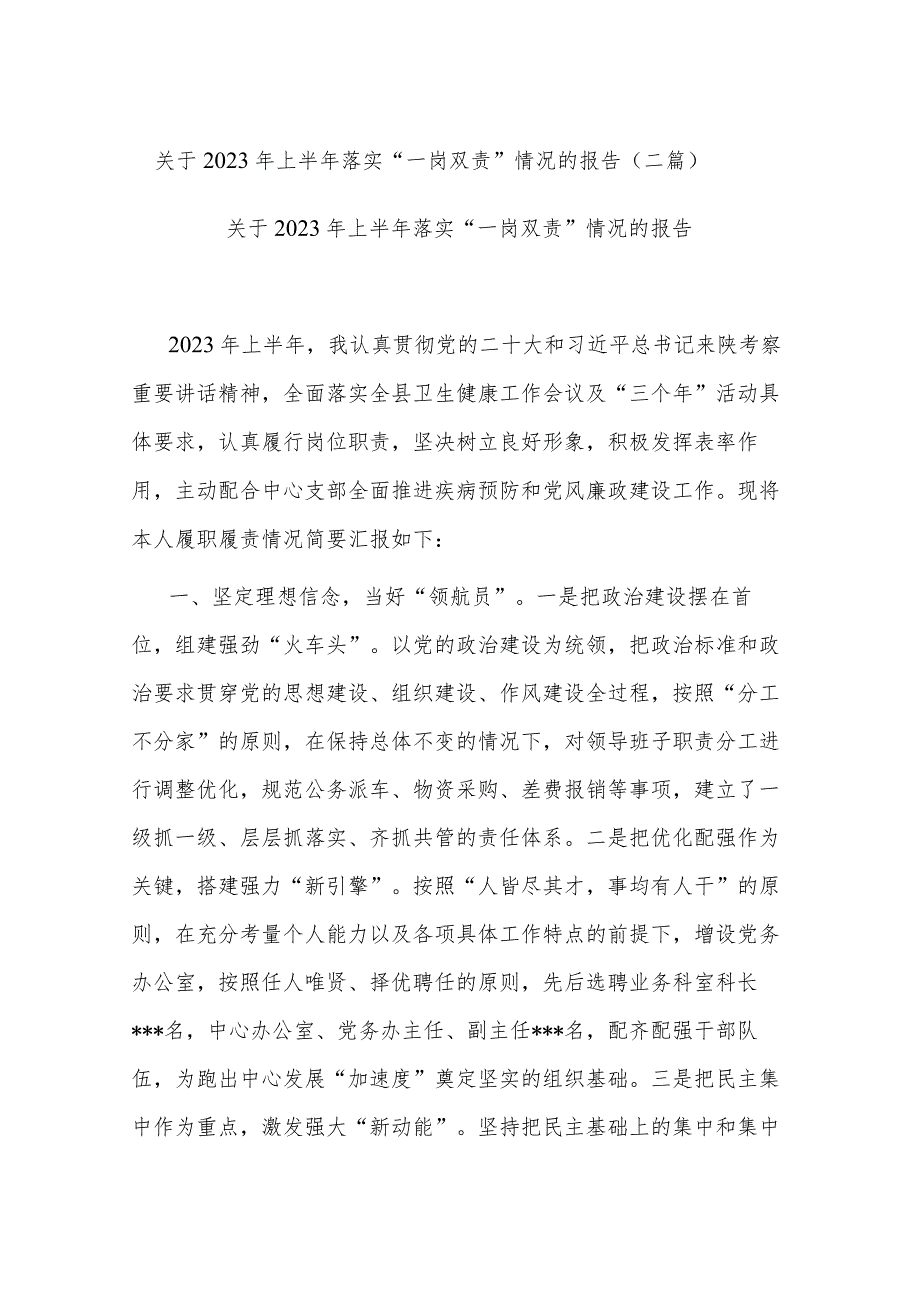 关于2023年上半年落实“一岗双责”情况的报告(二篇).docx_第1页