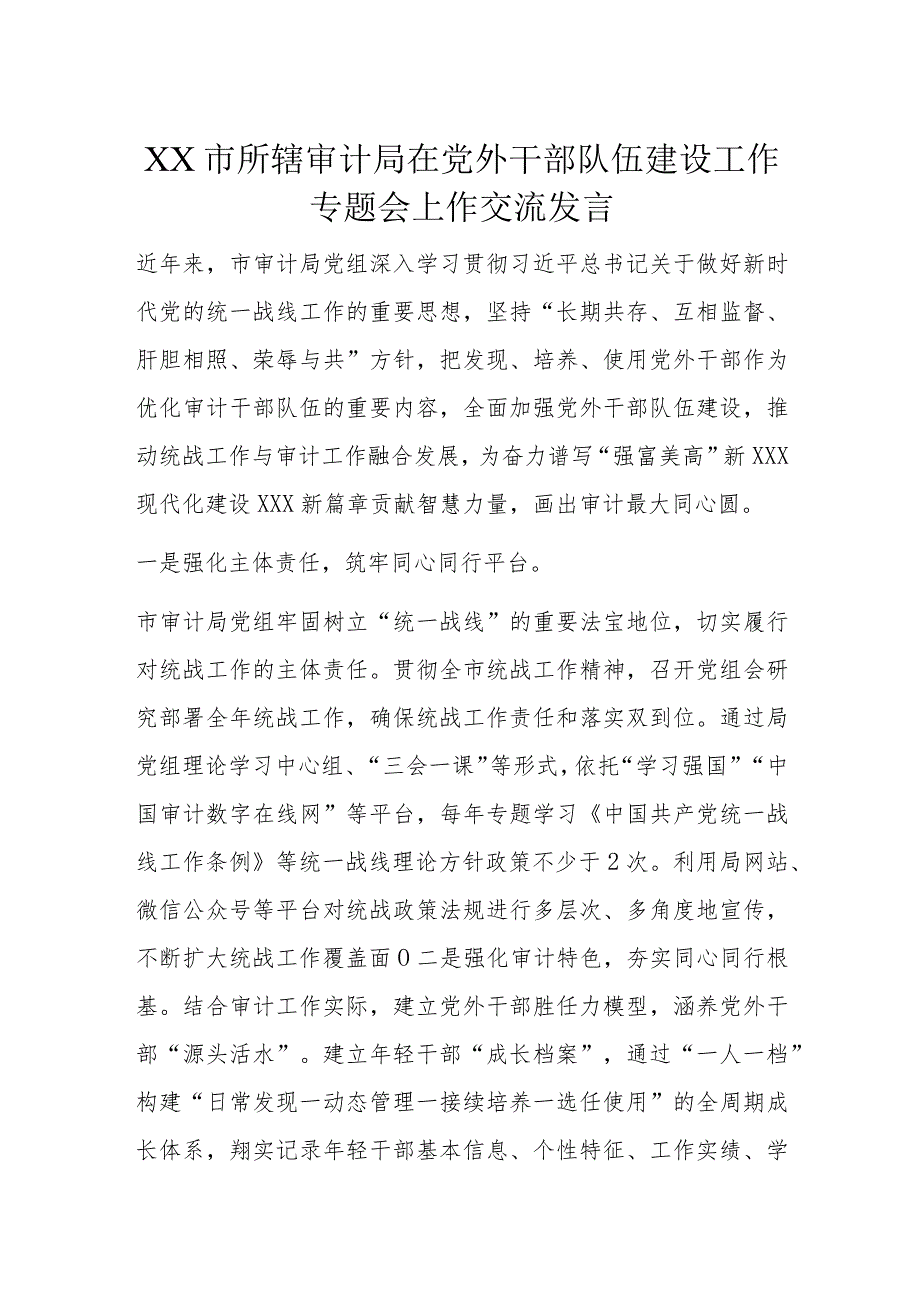 XX市所辖审计局在党外干部队伍建设工作专题会上作交流发言.docx_第1页