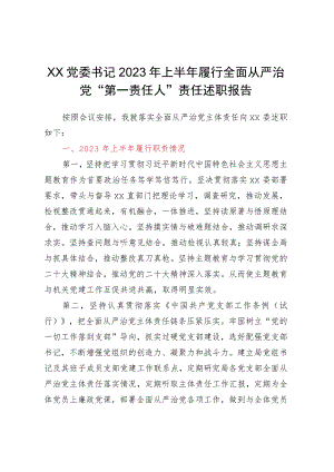 XX党委书记2023年上半年履行全面从严治党“第一责任人”责任述职报告.docx