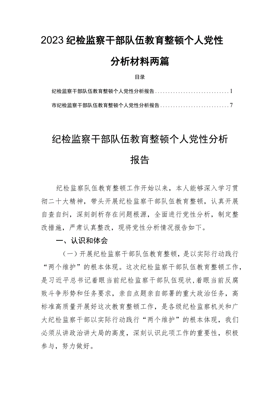 2023纪检监察干部队伍教育整顿个人党性分析材料两篇.docx_第1页