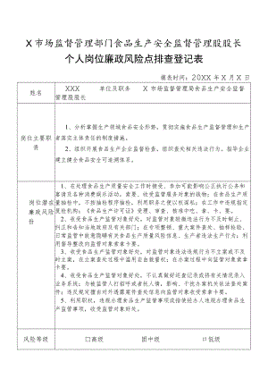X县市场监督管理部门食品生产安全监督管理股股长个人岗位廉政风险点排查登记表.docx