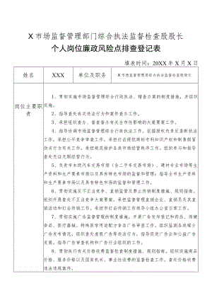 X县市场监督管理部门综合执法监督检查股股长个人岗位廉政风险点排查登记表.docx