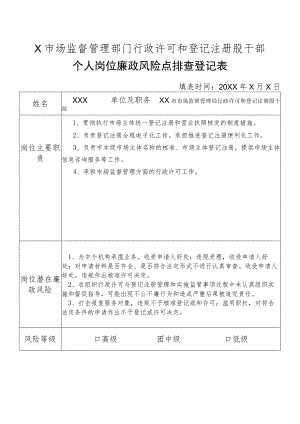 X县市场监督管理部门行政许可和登记注册股干部个人岗位廉政风险点排查登记表.docx