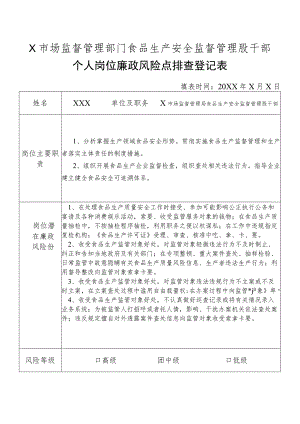 X县市场监督管理部门食品生产安全监督管理股干部个人岗位廉政风险点排查登记表.docx