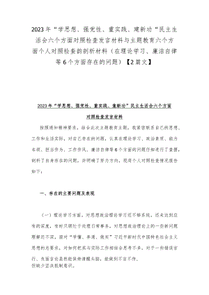 2023年“学思想、强党性、重实践、建新功”民主生活会六个方面对照检查发言材料与主题教育六个方面个人对照检查韵剖析材料(在理论学习、.docx