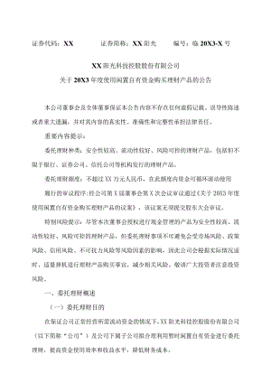 XX阳光科技控股股份有限公司关于20X3年度使用闲置自有资金购买理财产品的公告.docx