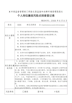 X县市场监督管理部门网络交易监督和消费环境管理股股长个人岗位廉政风险点排查登记表.docx