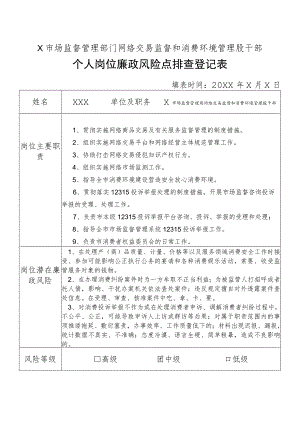 X县市场监督管理部门网络交易监督和消费环境管理股干部个人岗位廉政风险点排查登记表.docx