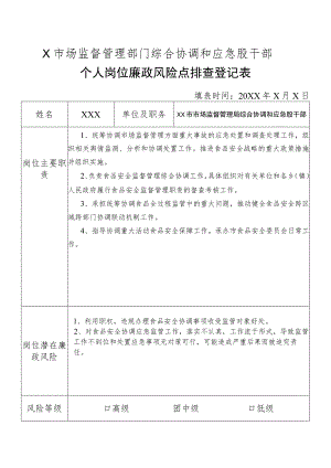 X县市场监督管理部门综合协调和应急股干部个人岗位廉政风险点排查登记表.docx