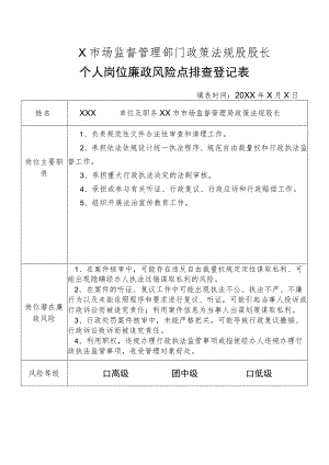 X县市场监督管理部门政策法规股股长个人岗位廉政风险点排查登记表.docx